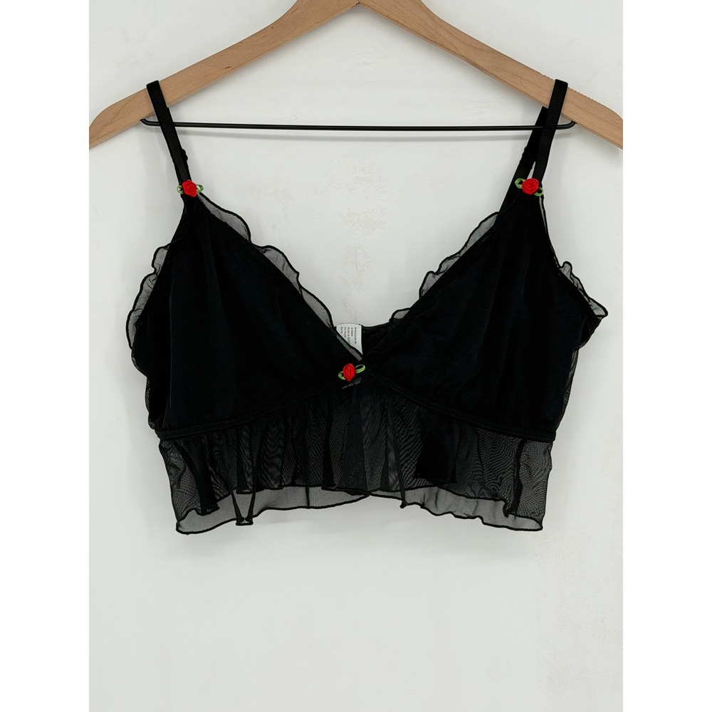Parade Bralette Women Large Black Mesh Rose Trim Ruffle Whimsigoth Romantic